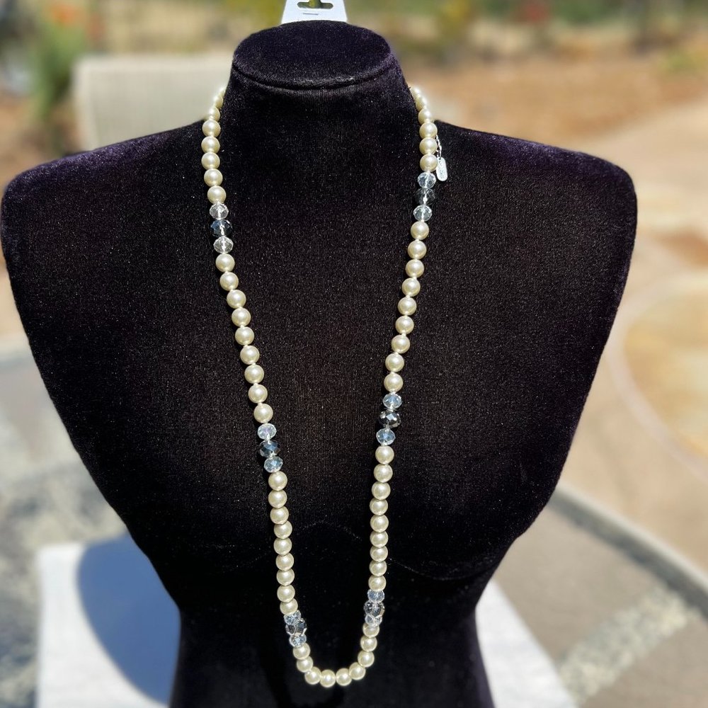 Long Ivory Pearl Necklace Sparkle Silver Tone Dressy Faux Crystal NWT